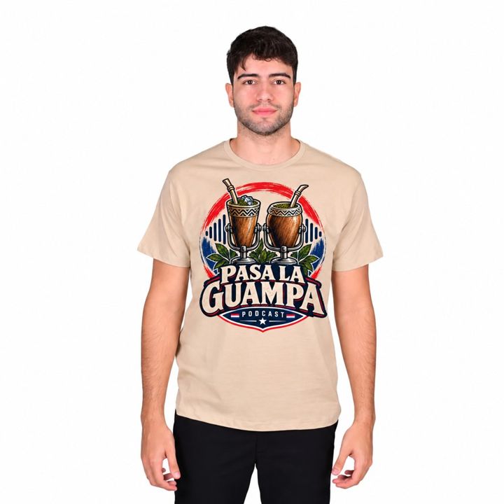 Remera color arena con el logo de Pasa la Guampa a todo color